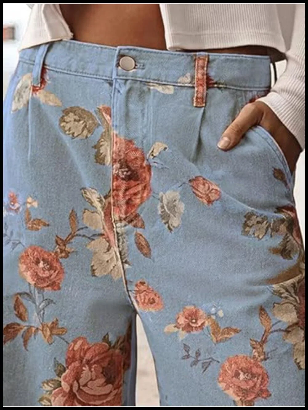 Mid Rise Cropped Wide Leg Floral Jeans Denim Palazzo Pants - Picture 3 of 6